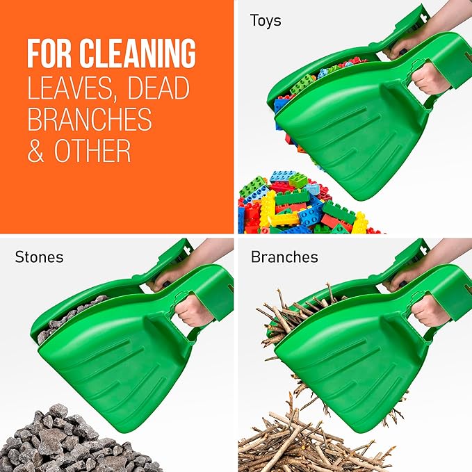 Child-Size Leaf Collector &amp Rake Set – Garden Leaf Scoops and Lawn Cleaning Tools for Kids Includes 1 Rake and 1 Pair of Leaf Grabbers Green Plastic – by Superio