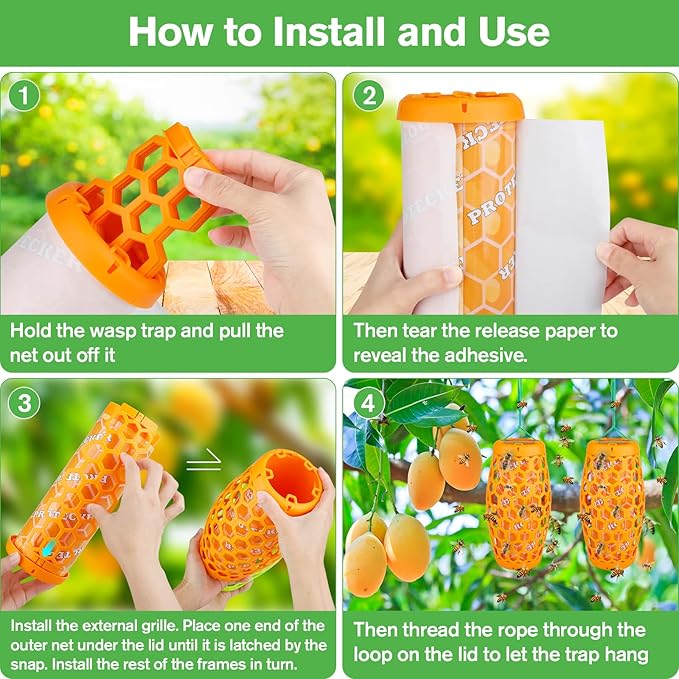 Wasp Trap Bee Catcher - Outdoor Hanging Carpenter Bee Traps with 4 Sticky Boards 2 Pack (Orange)