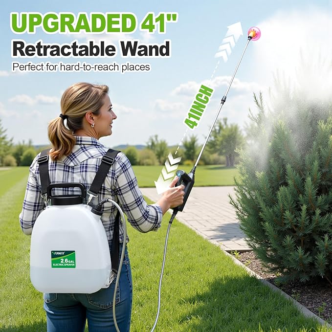 VAXMAY Battery Powered Sprayer 2.6 Gallon Backpack Sprayer with 3 Adjustable Forces Battery Indicator 5 Mist Nozzles 41 Retractable Wand USB Rechargeable Garden Sprayer for Weed Lawn Yard