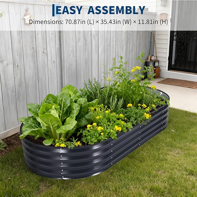 IDEALHOUSE 6'×3'×1' Oval Galvanized Steel Raised Garden Bed Kit with Removable Zippered PVC Cover &amp Open Base Outdoor Metal Planter Box for Vegetables Flowers Herbs Gray