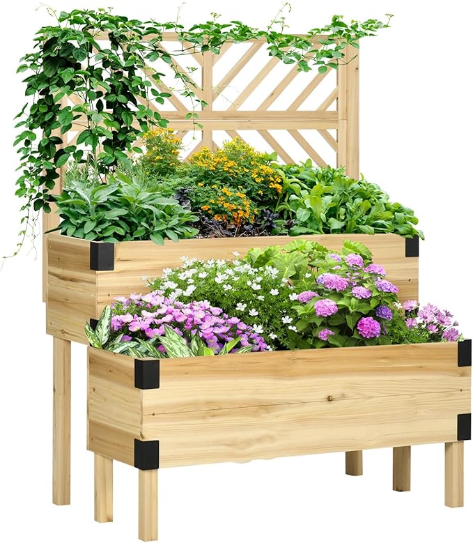 Raised Garden Bed with Trellis: Tier Wood Planter Box &amp Support System for Vegetables Flowers &amp Herbs