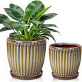 Oairse Ceramic Pots for Indoor Plants 4.9 +5.7 inch Set of 2 Brown Plant Pots with Drainage Holes and Saucers Texture Ceramic Planters Indoor Outdoor Flower Planters for Succulent