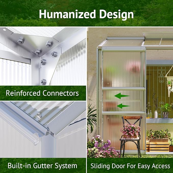 6x2ft Lean-to Polycarbonate Greenhouse Small Walk-in Greenhouse with Adjustable Roof Vent Rain Gutter and Sliding Door Outdoor Green House for Terrace Backyard Sliver