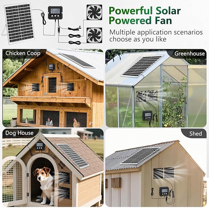 25W Solar Fan for Chicken Coop with Battery Solar Exhaust Fan for Shed &amp Greenhouse 3 Modes Controller (Continuous/Timer/Motion Sensor) Solar Powered Fan for Intake or Exhaust Vent Cooling (Bla