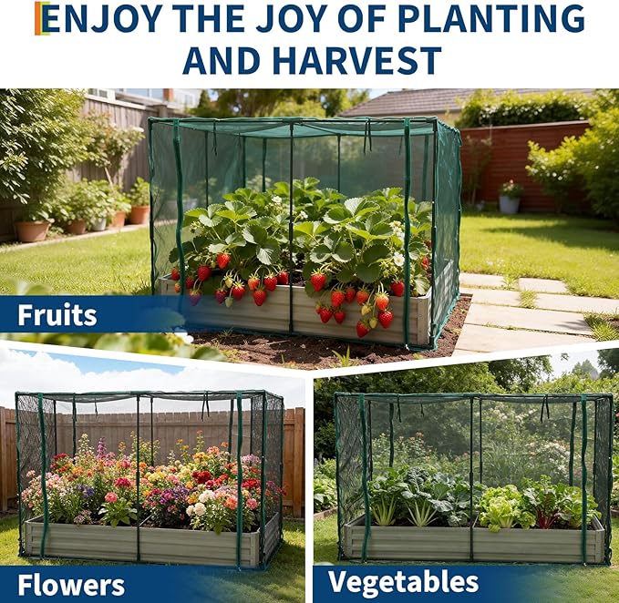 Raised Garden Bed with Plant Netting Cover 8 x 4 x 1 ft Garden Bed Cover with Zippered Door Shade Canopy &amp Frame Easy to Install for Vegetables Fruits