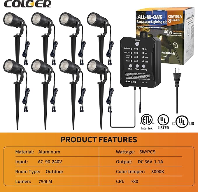 COLOER All-in-One Low Voltage Landscape Lighting Kit 8 Pack 5W Die-cast Aluminum Landscape Lights with Transformer and Connectors IP65 Waterproof Outdoor Spot Lights for Pathway Yard Garde