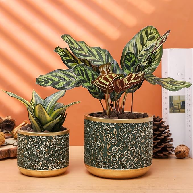 6 +4.4 Inch Cement Planter Decorative Pots with Drainage Hole for All House Plants Succulents Flowers and Cactus (Green)