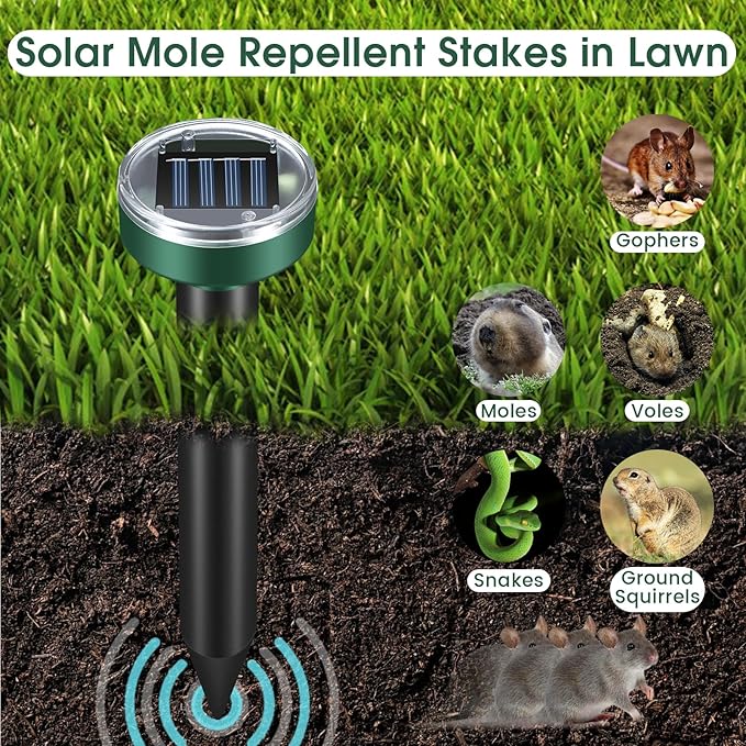 Mole Repellent for Lawns - Ultrasonic Gopher Repellent Solar Powered for GardenYard - Waterproof Sonic Mole Spike for SnakeChipmunkOutdoor Pest Control Vole Deterrent