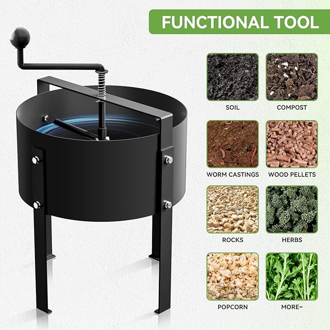 Rotary Soil Sifter Compost Sieve Garden Potting Sifting Mesh Rock Sand Dirt Sieve 13 Sifting Filter with 1/5 Inch Mesh Sifting