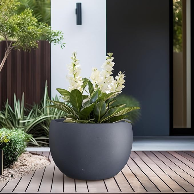Kante 15.7 Dia Round Concrete Planter Outdoor/Indoor Large Bowl Plant Pots with Drainage Hole and Rubber Plug for Garden Patio Balcony Home Charcoal