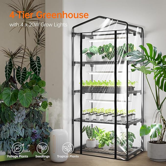 Bstrip Indoor Greenhouse with Grow Light Mini Green House with 4 Pack 20W Full Spectrum Plant Lights with Timer Plant Shelf with Tent for Indoor Plant Seed Starting Seed Tray 27.2x19.9x61.8