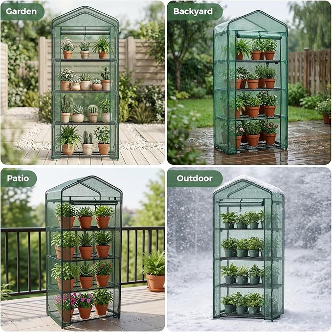 NEWBULIG 4-Tier Mini Greenhouse for Outdoors Small Green House with Sturdy Frame and Durable Green PE Cover Portable Greenhouse for Outside and Indoor Use 27.17 x 19.29 x 63.4 Inches