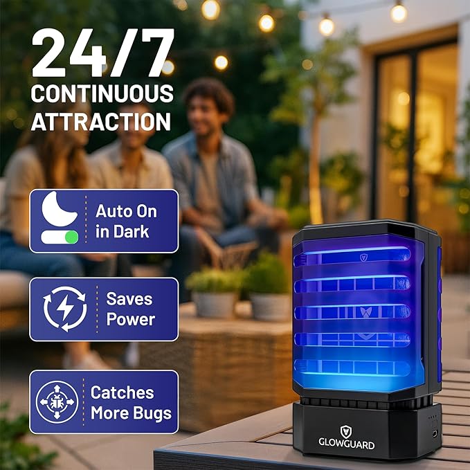 GlowGuard Cordless Flying Insect Trap Catches Fruit Flies Indoor Gnat Killer Magnet for Moths &amp Mosquitos in Dark 1 Rechargeable Trap + 4 Dual-Sided Sticky Pad Refills 30Hr 5000mAh Battery (Bl