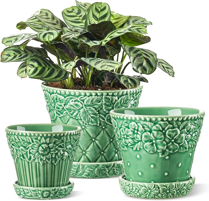 Ceramic Plant Pots 3.8+4.9+5.8 Inch Set of 3 Flower Pots with Drainage Hole &amp Saucer Embossed Planter Pots for Indoor Plants Home Decor Green