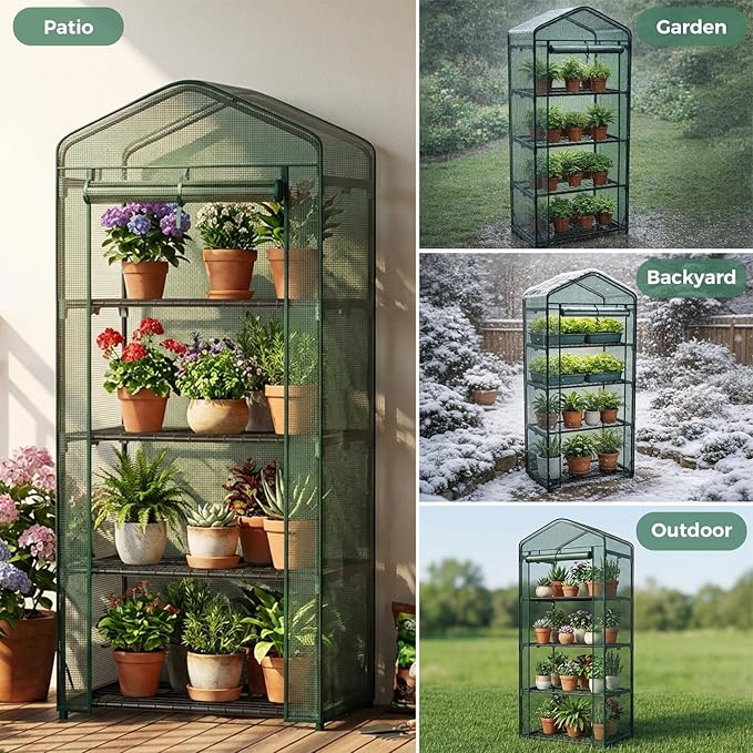 OLIXIS Greenhouse 27×19×63 4 Tier Portable Green House with Durable PE Cover Roll-up Zipper Door Small Greenhouses for Indoor Outdoor Balcony Porch Garden Patio Backyard Green Houses (Green)