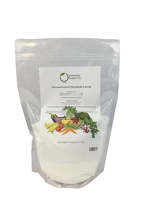 Greenway Biotech Inc. Monopotassium Phosphate Fertilizer 0-52-34-100% Water Soluble Hydroponics for Root Strength - Increase Yield and Blooming - High Purity Plant Nutrient Formula - 5 Pounds
