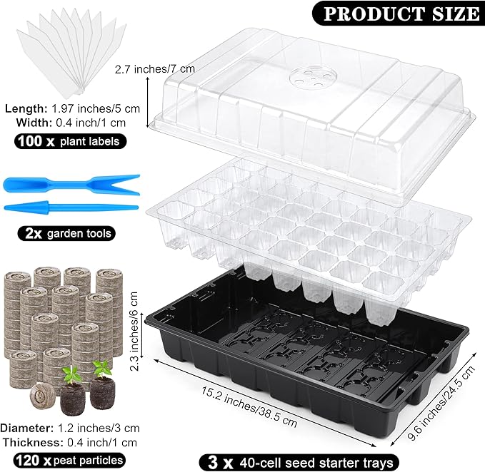 3 Pack Seed Starter Tray Kit 120-Cells Germination Starter Tray with Humidity Dome and Base Including 120 Peat Pellets Plant Labels Tool Plastic Plant Growing Tray for Garden Planting Black