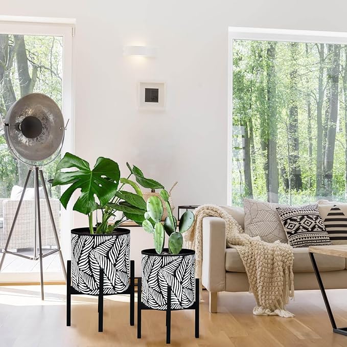 10 &amp 12 Inches Plant Pot with Stand Set of 2 Decorative Palm Leaves Printing Planter with Holder Garden Pot for Snake Plant Monstera Houseplants - Indoor Outdoor Flower Pots with Drainage Hole