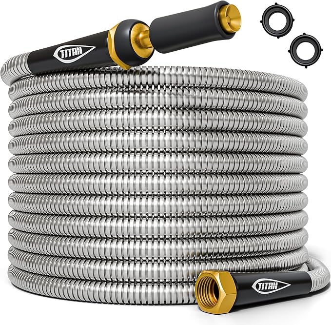 TITAN Garden Hose 150FT - 304 Stainless Steel Metal Water Hose Flexible Kink-Free Lightweight Durable Crush Resistant Fittings Easy to Coil 500 PSI