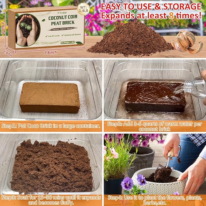 Legigo 8 Pack Coco Coir Bricks (11.2lb) 100% Organic Coconut Coir Fiber Potting Soil for Plants Compressed Coco Peat Seed Starter Coconut Husk Potting Mix for Indoor &amp Outdoor Plants Gardening