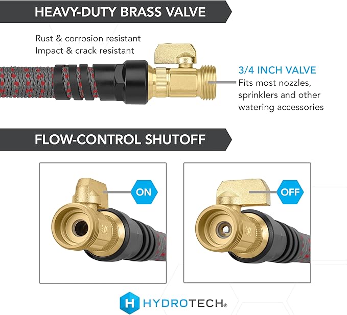 HydroTech 5/8 200 ft Expandable Garden Hose - Flexible Lightweight Durable and Burst-Proof Hose with Reinforced Latex Core and Solid Brass Fittings - Great for Lawn Care Garden and Car Washing