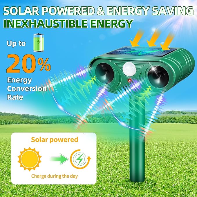 2026 Solar Animal Repellent Outdoor&ampCat Repellent Outdoor with Motion Deer Repellent Devices Ultrasonic Cat Deterrent Fox Raccoon Squirrel Rabbit Coyote Deterrent for Farm Orchard Garden 4 PCS
