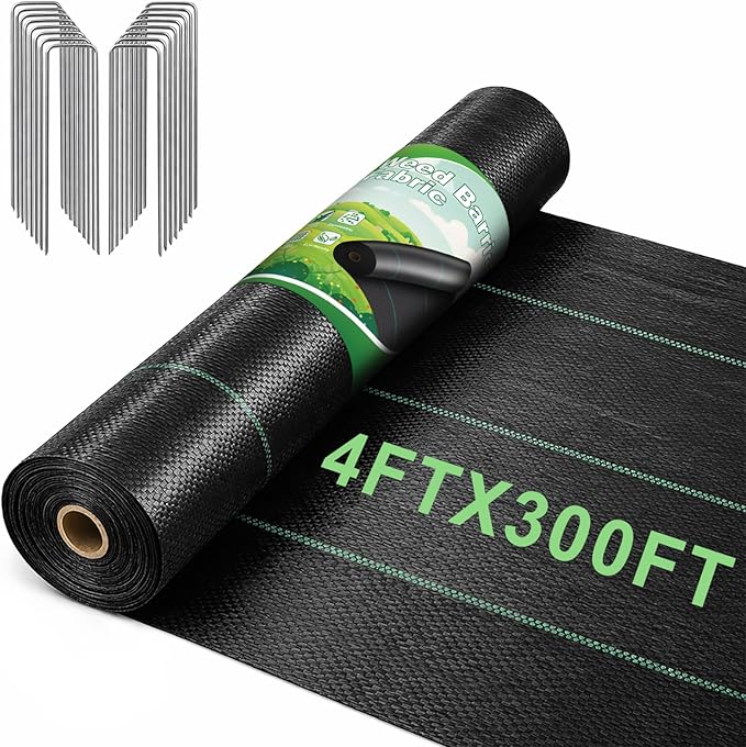 FEED GARDEN 4FT x 300FT Landscape Fabric Weed Barrier Fabric Heavy Duty 3.2oz Weed Control Mat Weed Blocker Ground Cover Geotextile Fabric for Gardening with 20 U-Shaped Stakes