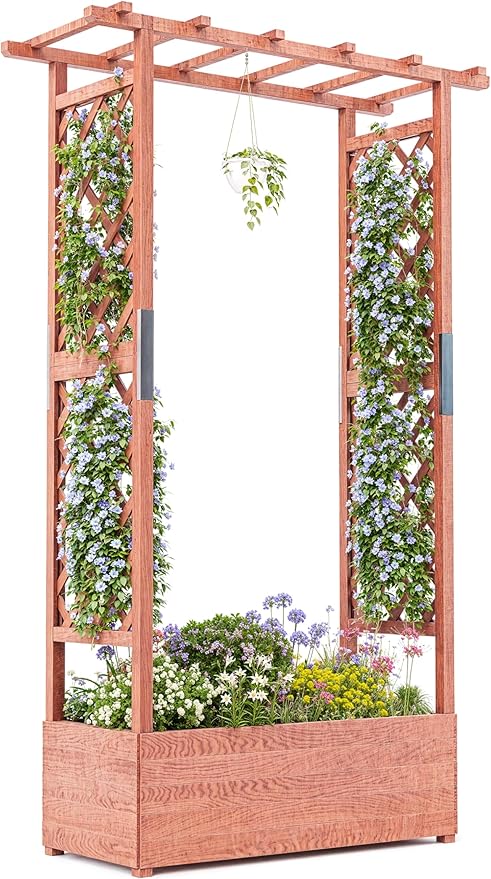 72 Wooden Raised Garden Bed with Trellis - Elevated Planter Box with Hanging Roof 2 Side Trellises &amp 4 Drainage Holes - Freestanding for Climbing Plants Vines Vegetables -Patio Balcony Backy
