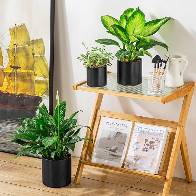 vancasso Ceramic Plant Pots 4.25+5.25+6.25 Inch Planter Pot with Drainage Hole Flower Pots for Indoor Outdoor Plants Set of 3 Black