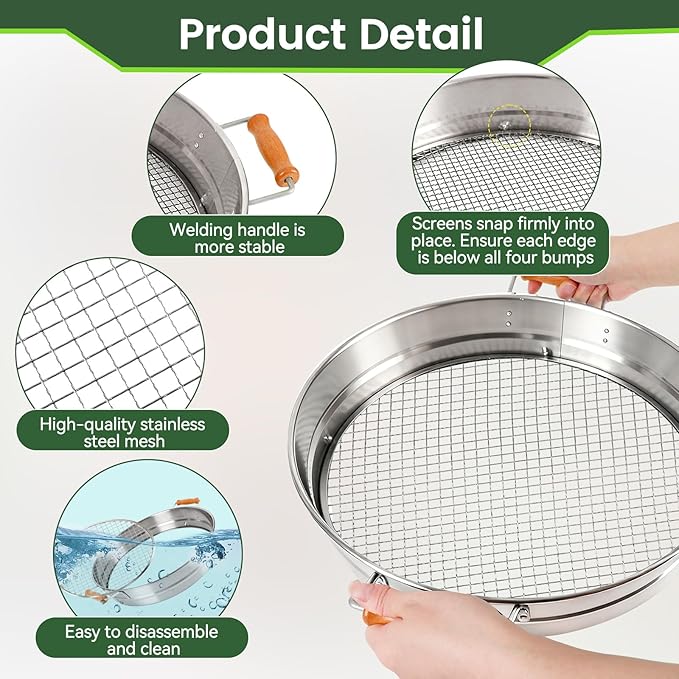 Large 14.57 Soil Sifter with 5 Interchangeable Stainless Steel Mesh Screens (1/3/6/9/12mm) + Stainless Steel Hand Trowel + Galvanized Garden Sieve for Compost Sand Gravel &amp Cat Litter (Silver)