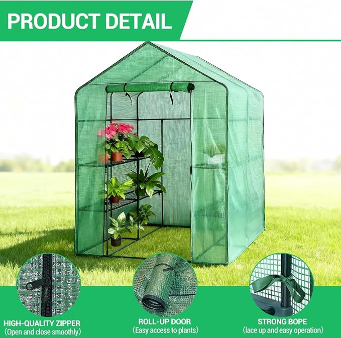 Walk-in Greenhouse 56 x 56 x 77 Inch Outdoor Plant Green House with 3 Tiers 8 Shelves Heavy Duty Steel Frame &amp Thicken PE Cover Portable Greenhouses for Balcony Patio Deck Gardening Green