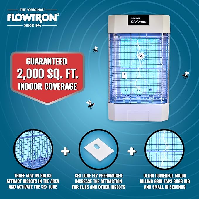 Flowtron Indoor Bug Zapper | Electric Fly &amp Insect Killer with 120W UV Light Pheromone Lure Attractant Shock Kill Grid &amp Reflector Panels | 2000 Sq Ft for Kitchen Restaurant &amp Barn UL