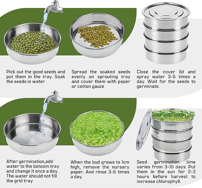 Stainless Steel 4-Tier Seed Sprouting Kit 6'' Diameter Indoor Gardening Planter for Microgreens Broccoli Sprouts Growing