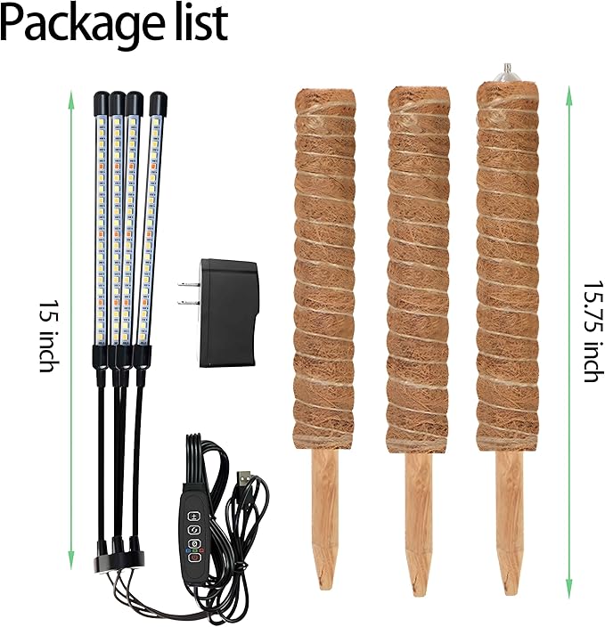 Grow Lights with Moss Pole for Indoor Plants Full Spectrum LED Plant Light with Auto 3/9/12H Timer Adjustable Height 15-54 Plant Lights Coco Coir Pole for Monstera Philodendron Climbing Plants