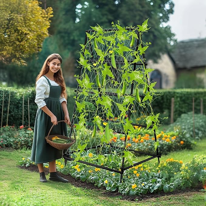 unho Garden Trellis for Climbing Plants with Tough Nylon Netting 6ft Tall Sturdy Rustproof Metal Plant Support Tower for Vegetable Fruit Vine Cucumber Garden LightweightOutdoor