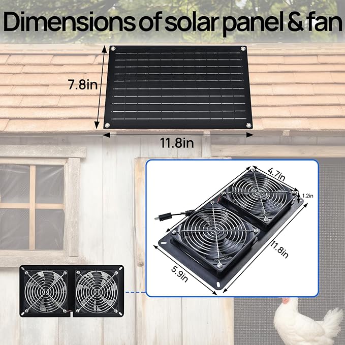 DC HOUSE 20W Solar Fan Powered Exhaust Fan for Chicken Coops Greenhouses Sheds Pet Houses and Windows - Waterproof and Plug Play Easy Connector Max Applicable Space 880ft3 (25 m3)