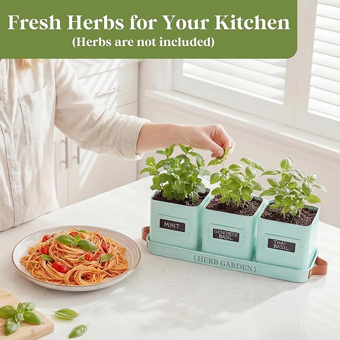 PERFNIQUE Indoor Herb Garden Herb Planter Set with Tray Farmhouse Indoor Plant Pots Windowsill Herb Garden with Drainage(Planter only) for Indoor/Outdoor Window Pots (Mint)