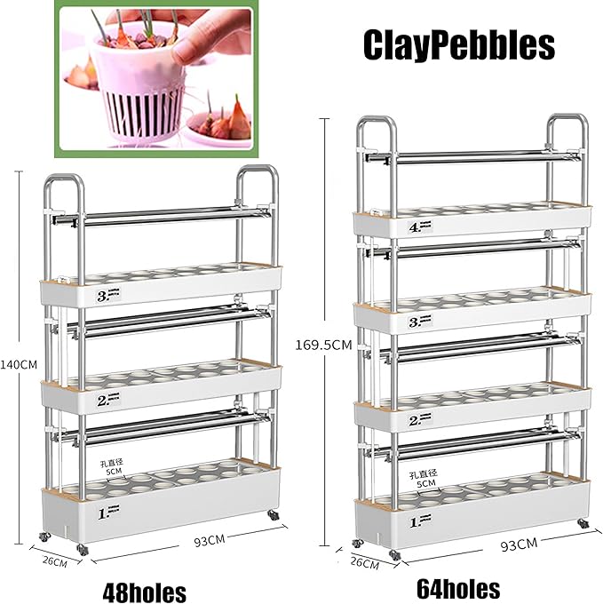Smart Hydroponics Growing System with LED Light 48/64/90/120 Holes Hydroponic Tower Indoor Garden Hydroponics Growing Sys-tem for Home Vegetables FruitsClayPebbles-64holes