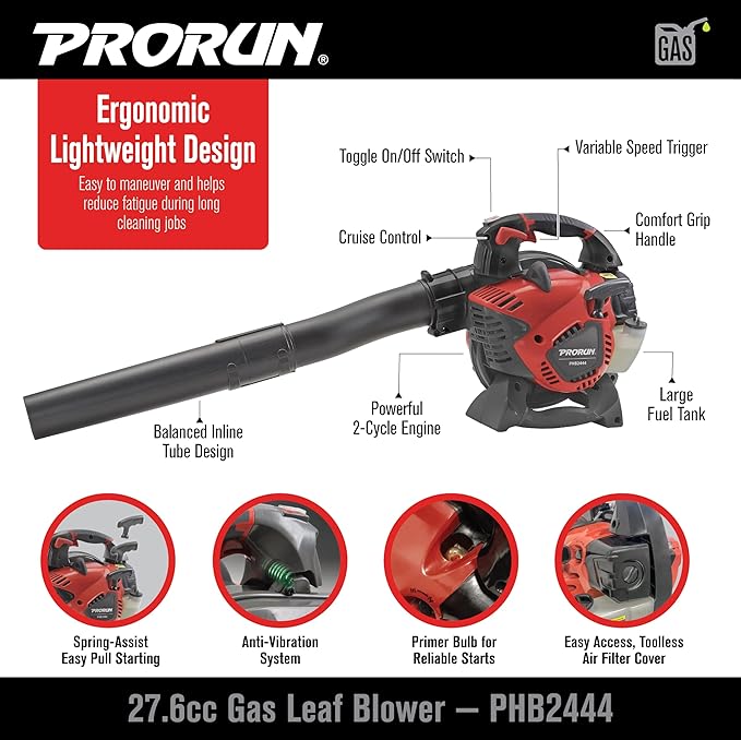 PRORUN 27.6cc 450 CFM 160 MPH Gas-Powered 2-Cycle Handheld Leaf Blower PHB2444