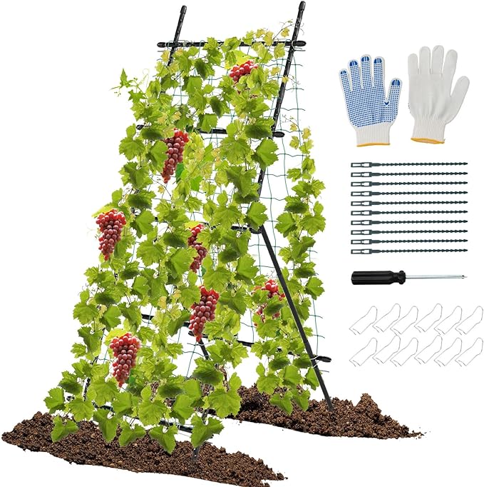 Giantex Cucumber Trellis Trellis for Climbing Plants Outdoor Garden Trellis w/Netting PE-Coated Metal Clips Plant Support for Flower Vine Grape Vegetable Fruit Adjustable Shape 31x 26x74