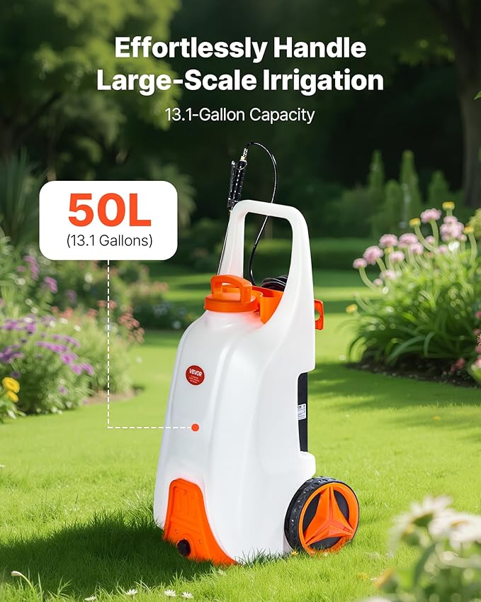 VEVOR 13.1 Gallon Battery Powered Sprayer with Wheels Adjustable 0-80 PSI 5 Nozzles and 98ft Hose Included Orange