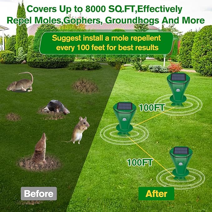 Mole Repellent Solar Powered 2 Pack Ultrasonic Gopher Repeller IP65 Waterproof for Lawn Garden Yard Sonic Vole Repellent Mole Killer Outdoor Get Rid of Snake Groundhog Chipmunk Squirrels-Green