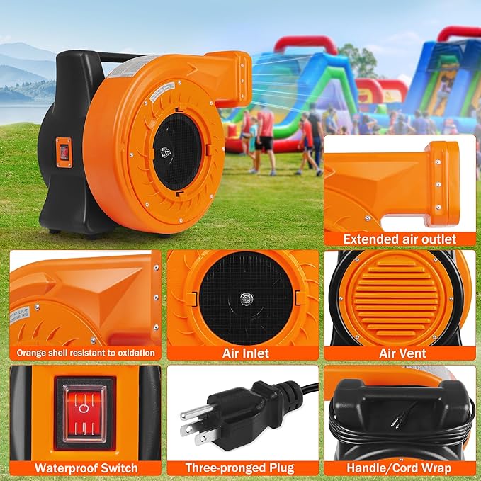 2HP Inflatable Air Blower for Big Inflatables 1500W Powerful Bounce House Blower Portable Commercial Fan Pump for Large Inflatable Bouncy Castle Water Slide Jumper