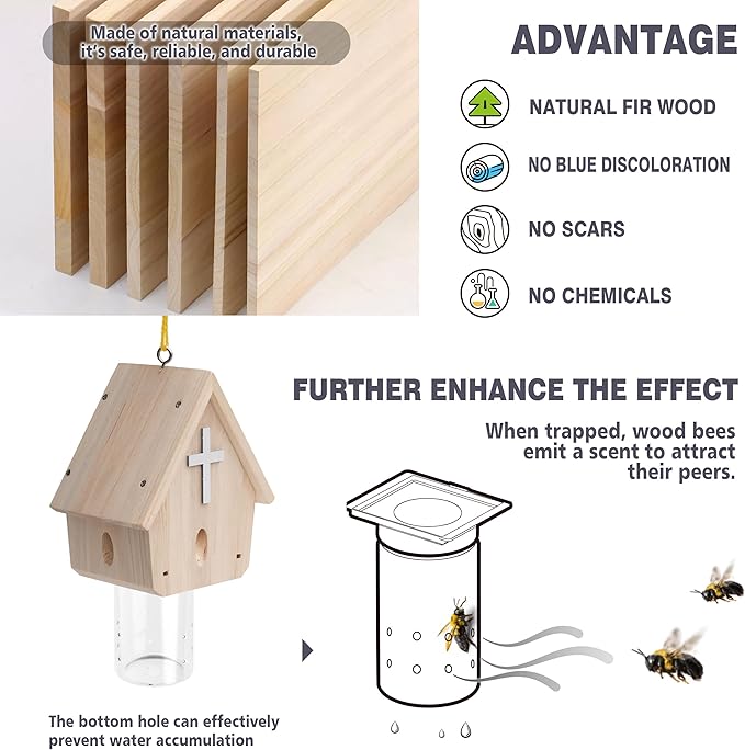 Carpenter Bee Trap for Outside - Church Style Nature Hanging Wood Carpenter Bee Traps Outdoor - Insect Traps with Removable Vault(4 Pack)