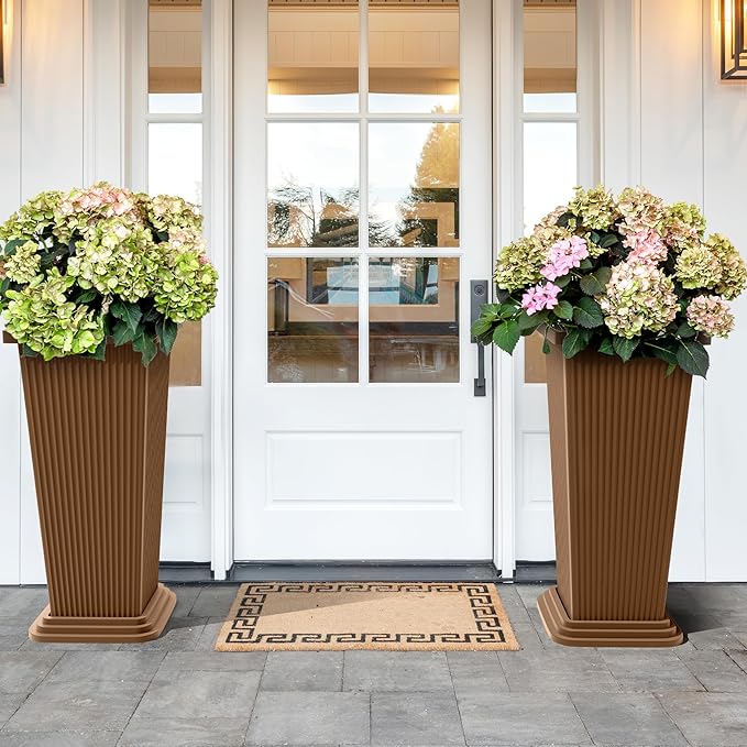 Set of 2 Tall Planters 24 Large Indoor Outdoor Flower Pots with Tray Modern Tapered Planters for Porch Patio Garden Backyard