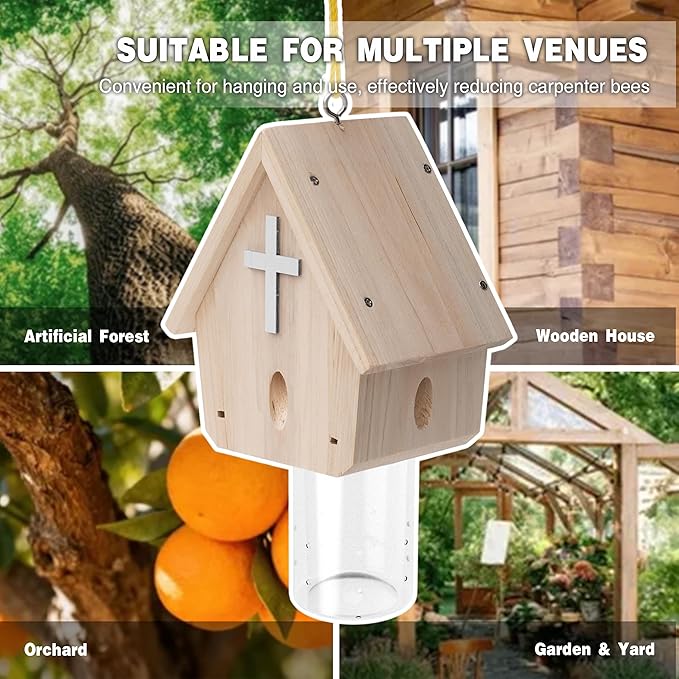 Carpenter Bee Trap for Outside - Church Style Nature Hanging Wood Carpenter Bee Traps Outdoor - Insect Traps with Removable Vault(1 Pack)