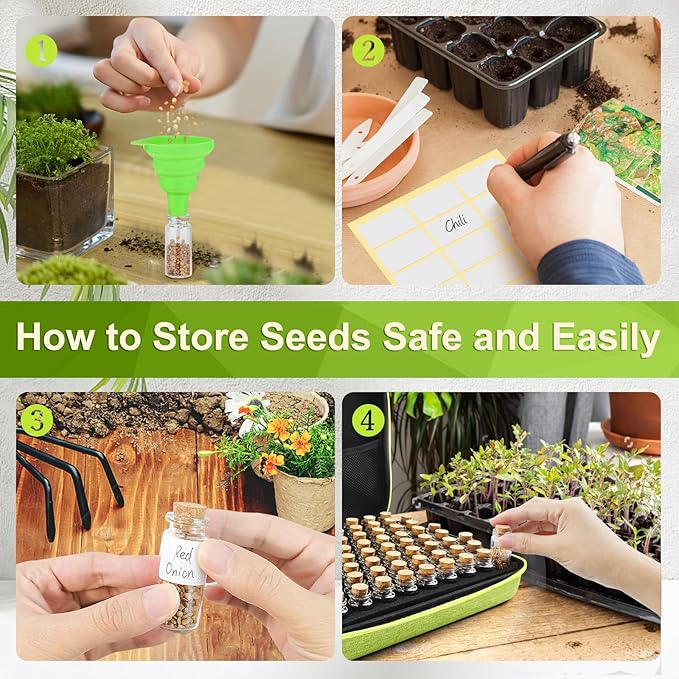 【80 Slots】 Seed Storage Organizer Sturdy Organizer Box with Dual Zipper Bag and 84Pcs Label Stickers Glass Seed Storage Container for Flower Vegetable Plants Garden Seeds Saving Green