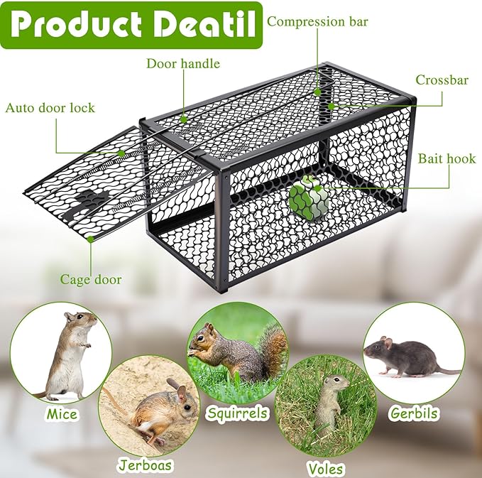 Qualirey 2 Pcs Humane Rat Trap Chipmunk Rodent Mouse Squirrel Trap 11 x 6 x 6 Inches Small Live Animal Mouse Voles Hamsters Live Cage Rat Cage for Mice Easy to Catch and Release Black