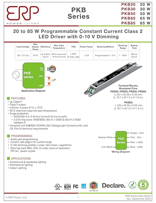Replacement for PKB65W-1800-55-TN | Replacement for ERP Power Programmable Constant Current LED Driver - 65W 1200mA Dimmable | 10-55V Output Voltage | Analog 0-10V Dimming 1-100%