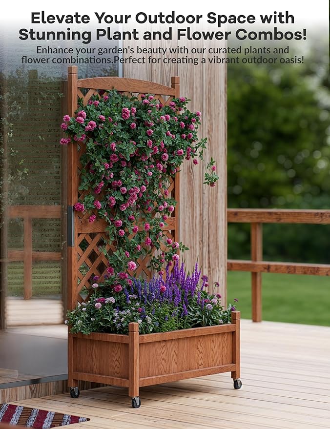 60 Inch Movable Raised Garden Bed with Trellis and Wheels Wooden Freestanding Planter Box for Climbing Plants Vegetables Flowers Outdoor &amp Indoor Natural Fir Wood